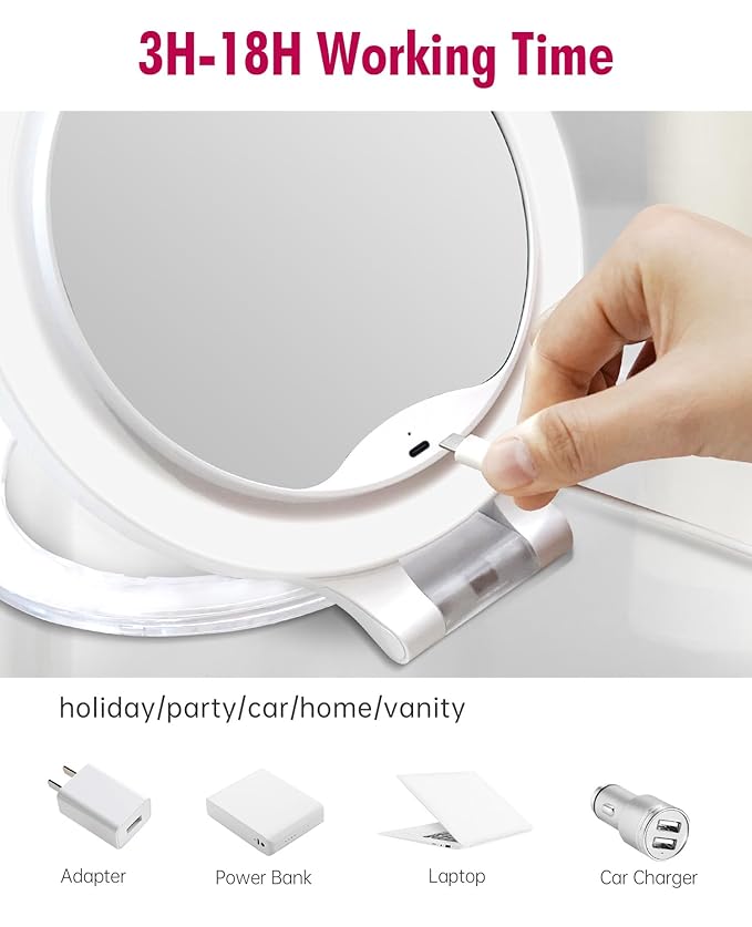 FASCINATE Magnifying Mirror 10X 1X Double Sided Magnification Makeup Vanity Mirror Rechargeable Lighted Mirror with 3 Color Lighting Modes Adjustable Rotation LED Vanity Mirror