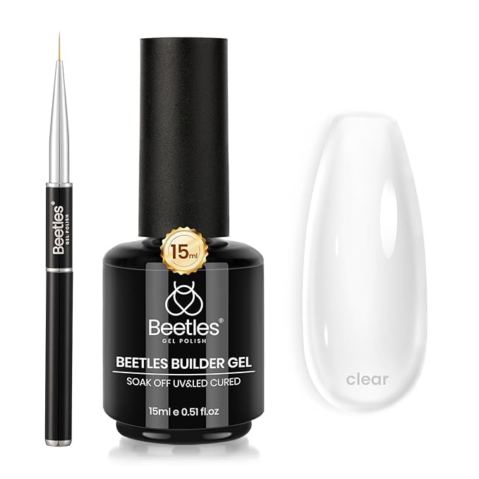 Beetles Builder Gel for Nails Low Heat, 0.5 oz 7 in 1 Clear Strengthener Gel with Liner Nail Brush for Nail Apex & Extension Strengthener Thickening Weak &Thin Nails Beauty Gift Sets for Women