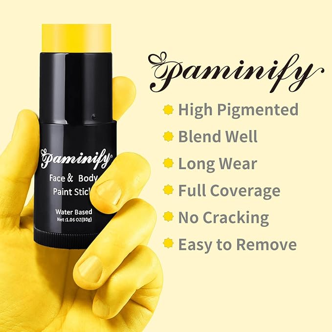 Yellow Face Paint Stick,Water-Based Yellow Body Paint Stick,Washable Full-Coverage Halloween Face Painting for Monster Lion Tiger Costume,Professional SFX Makeup for Cosplay,1.06 OZ