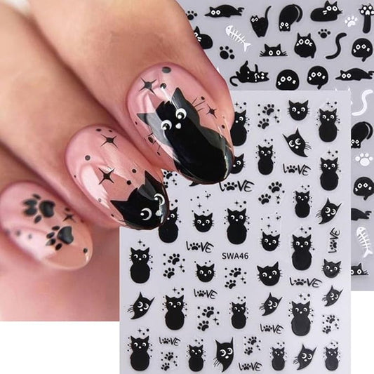 Cat Nail Sticker Black Animal Nail Decals 4Pcs Self-Adhesive 3D Cute Stickers Kawaii Cartoon Animal Self-Adhesive Nail Decals Black Nail Stickers for Nail Art Supplies for Women Nail Art Decorations