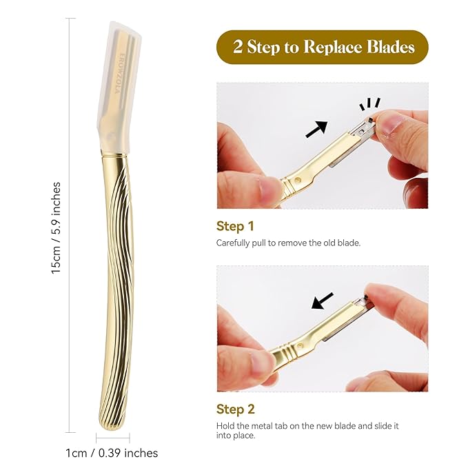 Eyebrow Razor, Face Razors for Women and Men, Reusable Metal Handle with 6 Refill Blades, Eyebrow Trimmer with Precision Cover, Dermaplane Razor, Skin Care Tool - Gold