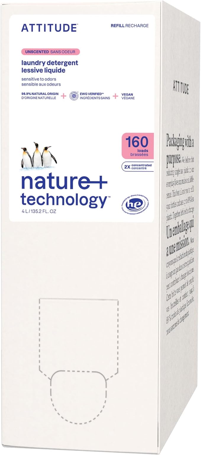 ATTITUDE Liquid Laundry Detergent Refill, EWG Verified, HE Compatible, Plant-Based & Vegan, Natural Laundry Soap, Unscented, 160 Loads, 135.26 Fl Oz