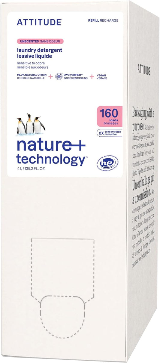 ATTITUDE Liquid Laundry Detergent Refill, EWG Verified, HE Compatible, Plant-Based & Vegan, Natural Laundry Soap, Unscented, 160 Loads, 135.26 Fl Oz