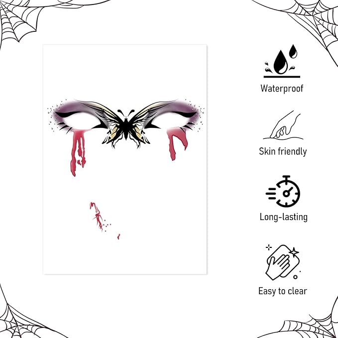 Halloween Face Tattoo, Face Temporary Tattoos with Butterfly & Blood Tears Design, Face Temporary Tattoo Sticker, Halloween Makeup Tattoo Stickers for Adults Halloween Stage Masquerade Party 8Pcs