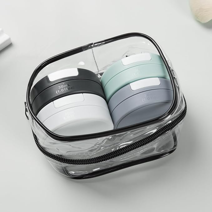 Gemice Travel Containers for Toiletries, Magnetic Travel Containers, TSA Approved Cream Jars with Toiletry Bag, Leak-proof Small 1oz Capsules Set with Multiple Labels for Organization (4 Pack)