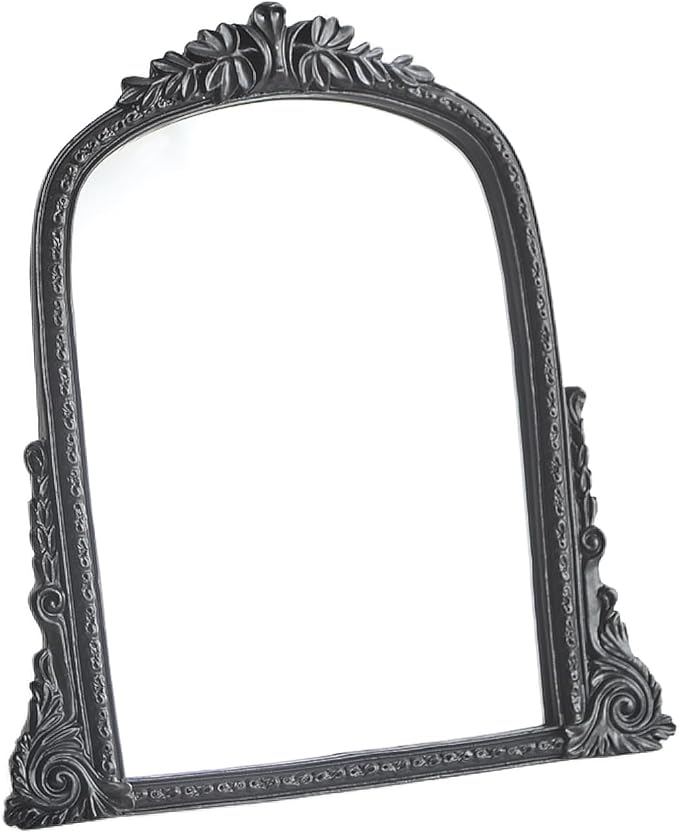 Vintage Black Vanity Makeup Mirror, Antique Arch Table Mirror with Carved Resin Frame, Small Standing Mirror for Bedroom, Living Room, Tabletop (13.2" x 12.8")