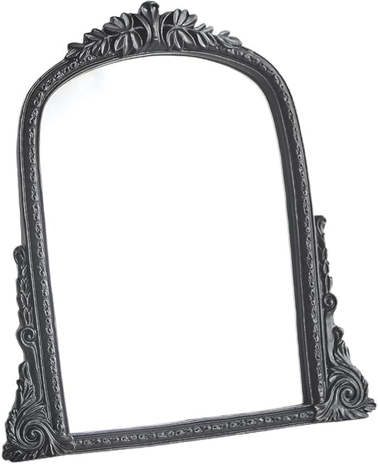 Vintage Black Vanity Makeup Mirror, Antique Arch Table Mirror with Carved Resin Frame, Small Standing Mirror for Bedroom, Living Room, Tabletop (13.2" x 12.8")