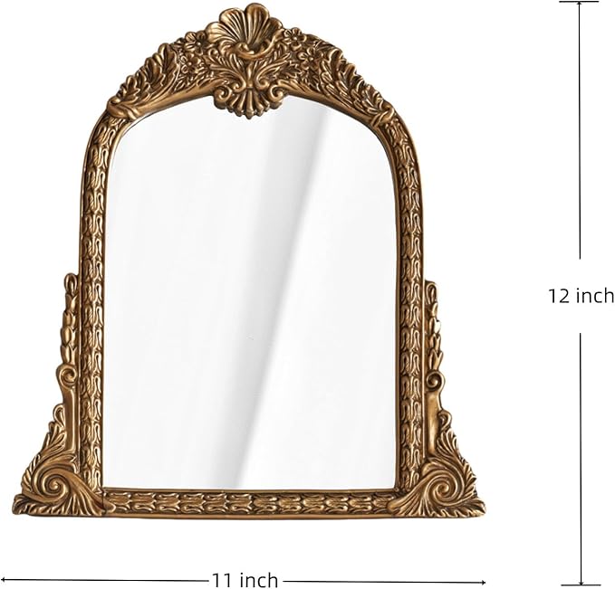 Small Gold Vintage Mirror, Antique Arched Tabletop Makeup Mirror, Hand-Carved Frame, 11" x 11.2" for Bedroom, Living Room, Vanity