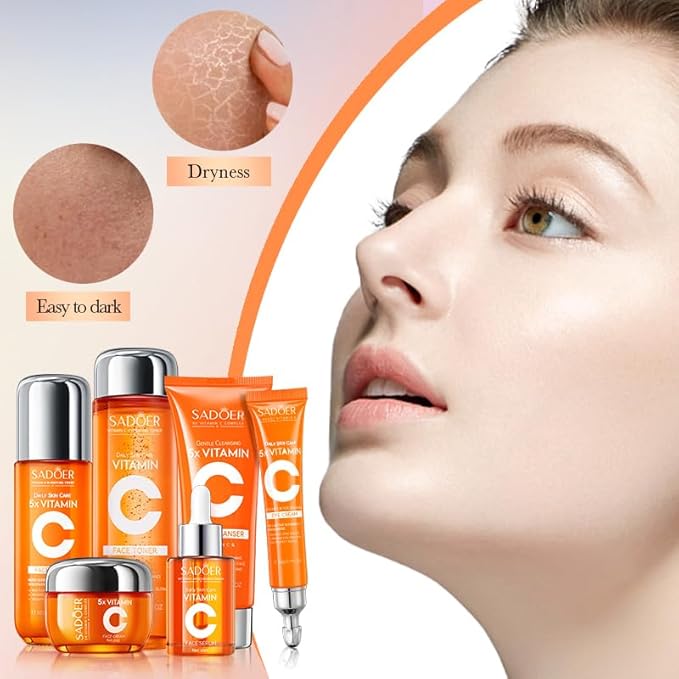 Compatibility Vitamin C Skincare kit SADODER,Skin Hydration | 2x Gift Box ( 6-Piece Face Care Kit ) Includes Toner,Serum, Cleanser,Moisturizer,Eye Cream & Body Lotion,Gift,Women