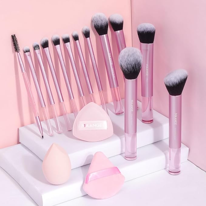 MAANGE 16PCS Makeup Brush Set Travel Makeup Brushes for Liquid Powder Contour Concealer Cream Cosmetics Blending Eyeshadow Eyeliner (Pink)
