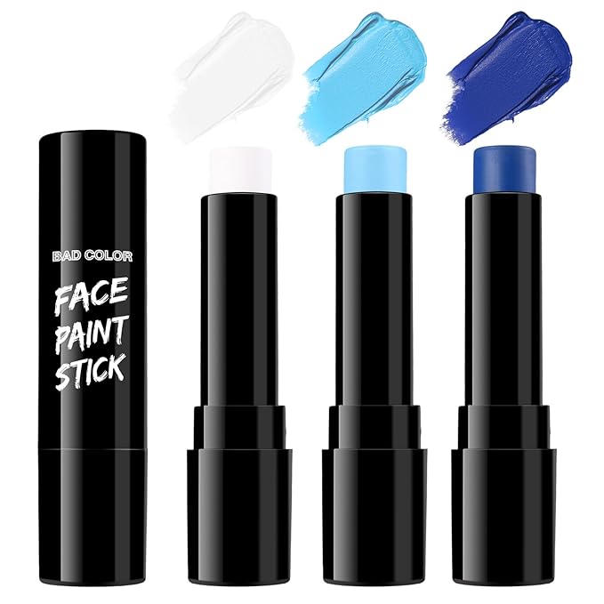 BAD COLOR 3PCS Blue White Light Blue Face Body Paint Stick Makeup for Sally/Corpse Bride SFX Cosplay & Dress Up, Full-Coverage Halloween Facepaint Makeup Kit