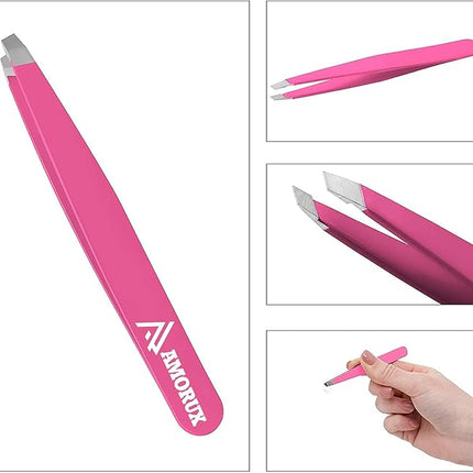 Amorux Eyebrow Tweezers For Women Facial Hair Professional hair removal Stainless Steel Tweezers for Ingrown Facial Hair, Splinter, and Daily Beauty (Black) (Pink)