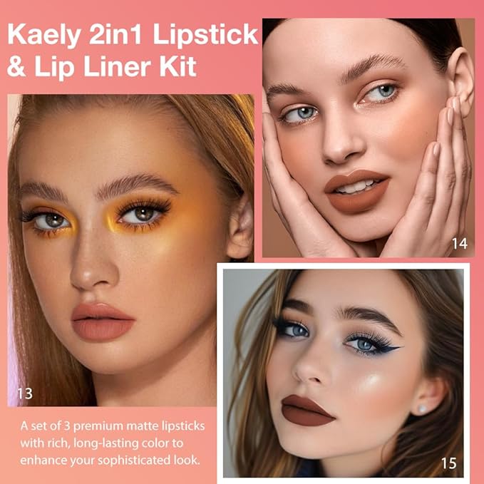 Kaely 3Pcs Gradient Matte Lipstick Lip Liner Pencil Set for Women, 2in1 Flawless Contour Gradual Ombre Effect Lip Pencil Makeup Waterproof, labiales mate 24 horas originales, 13+14+15