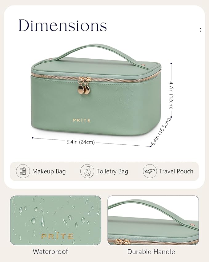 Prite Makeup Bag Portable Cosmetic Organizer with Brush Holder Waterproof Travel Toiletry Bag for Women with Handle and Divider (Green)