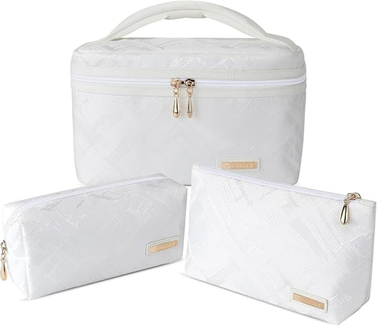 Richeart 3PC Makeup Bag Set, Cationic Jacquard Large Cosmetic Organizer, Back-Coated Solvent-Free Travel Toiletry Bag for Women - White