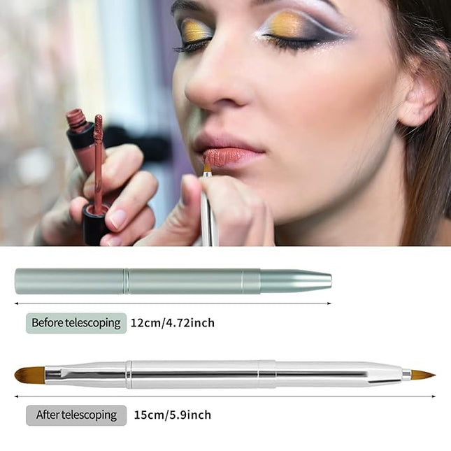 Unaone [2 Pack] Lip Brush for Lipstick, Retractable Lip Brushes, Dual-ended Makeup Brush for Lipstick Lip Gloss, Include Lid Silver and Green