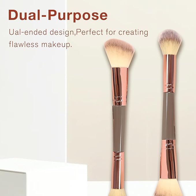 Double-Ended Foundation Makeup Brush, Angled/Round Top for Liquid, Powder & Cream Blending (Brown), champagne gold