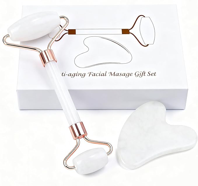 Jade roller and gua sha, facial roller, women's skincare tool, self-care gift, face, eye, neck massager, relieves fine lines and wrinkles, aventurine, opal, rose quartz
