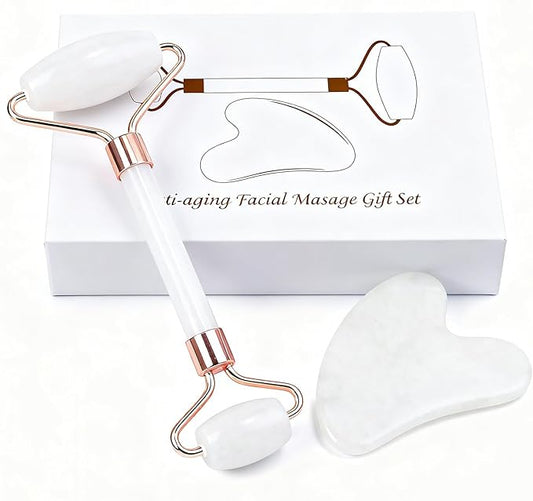 Jade roller and gua sha, facial roller, women's skincare tool, self-care gift, face, eye, neck massager, relieves fine lines and wrinkles, aventurine, opal, rose quartz