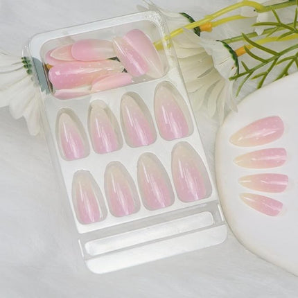 Press on Nails Almond Medium Light Yellow Pink Gradient Fake Nails with Dots Designs Glossy Nails Press ons Acrylic Nail Cute Winter Stick on Nail for Women 24 Pcs