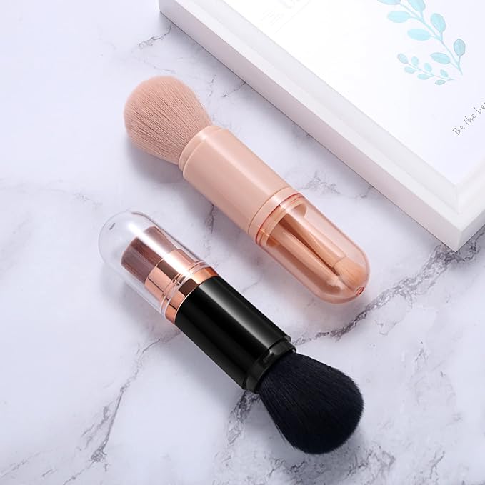 Vtrem Makeup Brushes Set Portable - 4 in 1 Travel Powder Brush, Lip Brush, Eyeshadow Brush, Highlight Brush, Foundation Blending Powder Brushes Retractable Make Up Brushes Set, Pink