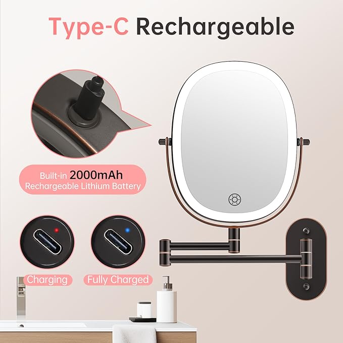 20X/1X Wall Mounted Lighted Makeup Mirror, Rechargeable Double Sided Magnifying Bathroom Lighted Mirror, 3 Color Modes Touch Dimmable Extended Arm 360 Rotation, Antique Bronze