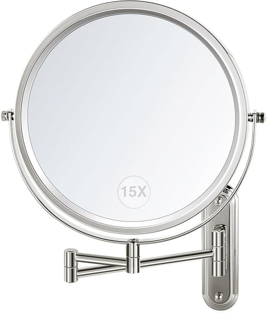 Wall Mounted Makeup Mirror - 8.5in Double Sided Makeup Mirror with Extended Arm,1X/15X Magnifying Mirror for Makeup or Shaving - Chrome, No Lights