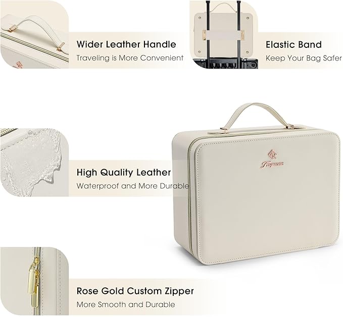 Leather Makeup Case with LED Lighted Mirror 11.4 Inch Travel Makeup Bag Adjustable Brightness in 3 Colors Cosmetic Organizer Artist Storage Bag with Dividers Brush Holder Bag Vanity White