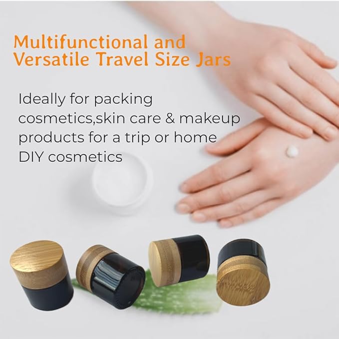Empty Refillable Glass Cosmetic Jar 4 Pack 10g/0.33oz with Bamboo Lids,Skin Care Travel Containers Pot Vial Holder Sample Storage for Eye Cream Lotion Ointments Lip Balm Brown