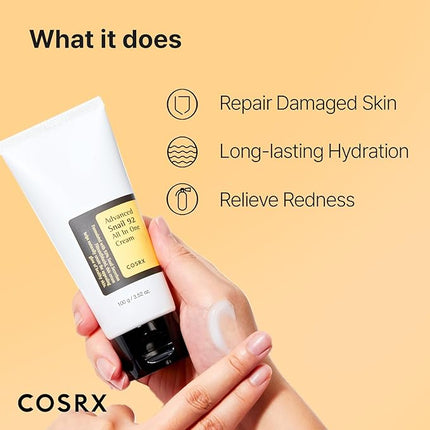 COSRX Snail Mucin 92% Moisturizer, Daily Repair Face Gel Cream Tube Type for Dry, Sensitive Skin, Not Tested on Animals, No Parabens, No Sulfates, No Phthalates, Korean Skincare (3.52Fl Oz / 100g)
