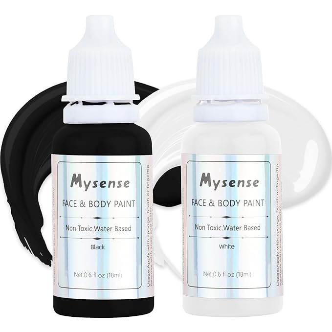 Mysense Black and White Face Body Paint Set,Water Based Washable Face Paint,Non-toxic Cream Body Paint for Adults and Kids Halloween SFX Cosplay Clown Skull Zombie Vampire Makeup,0.6oz/pc