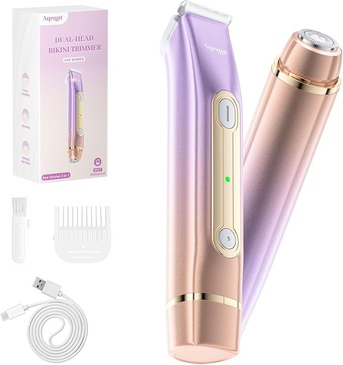 Bikini Trimmer for Women, Electric Razors with Dual Heads, Rechargeable Pubic Hair Trimmer with IPX7 Waterproof, Painless Pro Shaver for Underarm Leg Arm Body Face Private Area（RoyalRose）