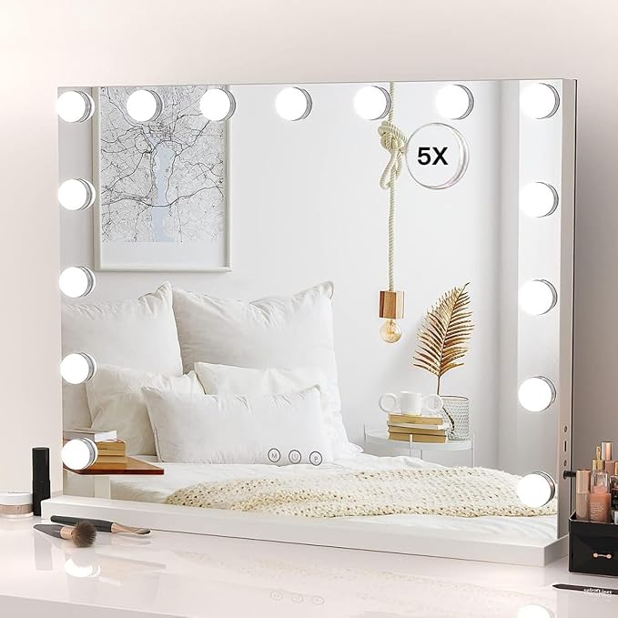HIEEY Vanity Mirror with Lights, Hollywood Lighted Mirror with 15 Dimmable LED Bulbs, Makeup Mirror with Lights, and 5X Magnification Mirror, 3 Colors Modes,Touch Control, Metal Frame,White