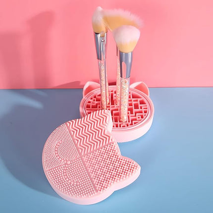 Silicon Makeup Brush Cleaner Mat with Portable Cat Shaped Cosmetic Brush Cleaner Pad - Pink