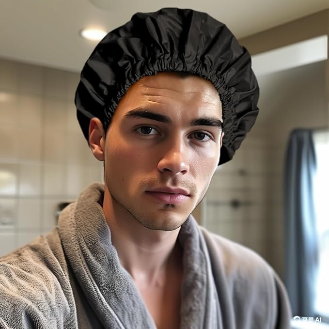 Reusable Shower Cap for Women, Large Waterproof Shower Bonnet Washable Elastic Band Bath Accessories Hair Hat for Long Hair, Braids(Black)