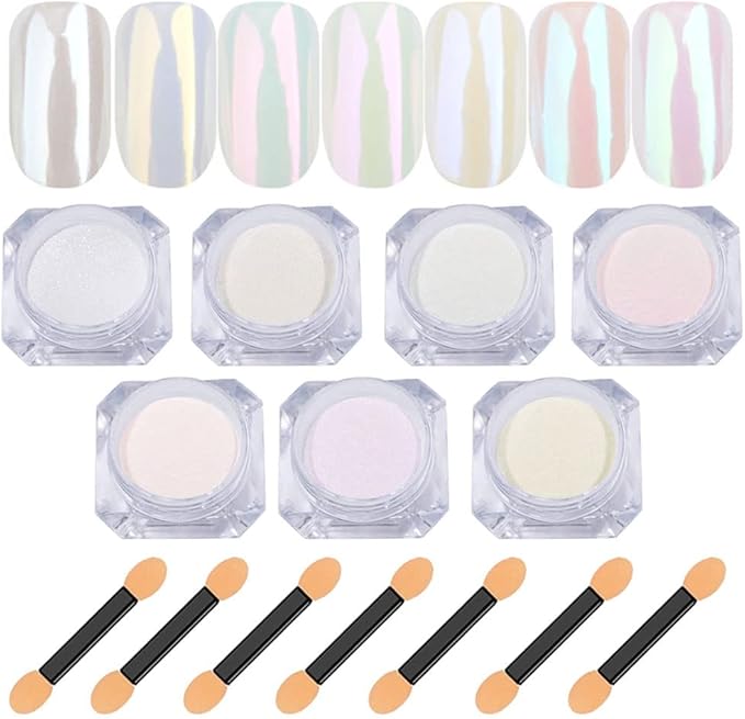 7 Colors Chrome Nail Powder Aurora Metallic Holographic Mirror Effect Dip Nail Powder Kit, White Pearl Iridescent Shell Powder Glitter Nail Art Pigment Manicure for Nails