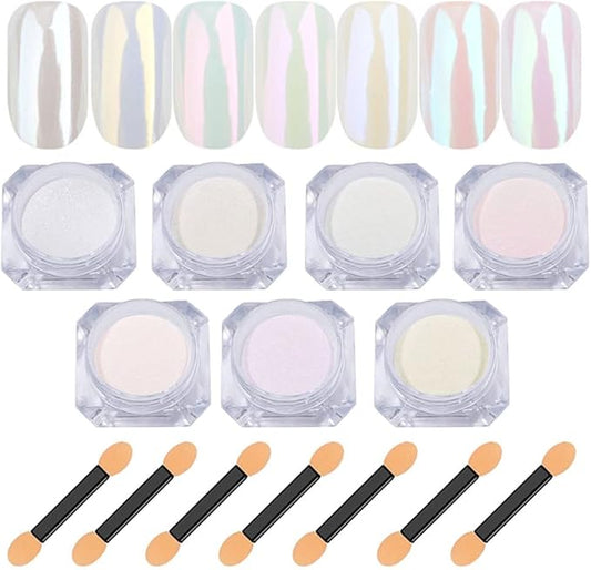 7 Colors Chrome Nail Powder Aurora Metallic Holographic Mirror Effect Dip Nail Powder Kit, White Pearl Iridescent Shell Powder Glitter Nail Art Pigment Manicure for Nails