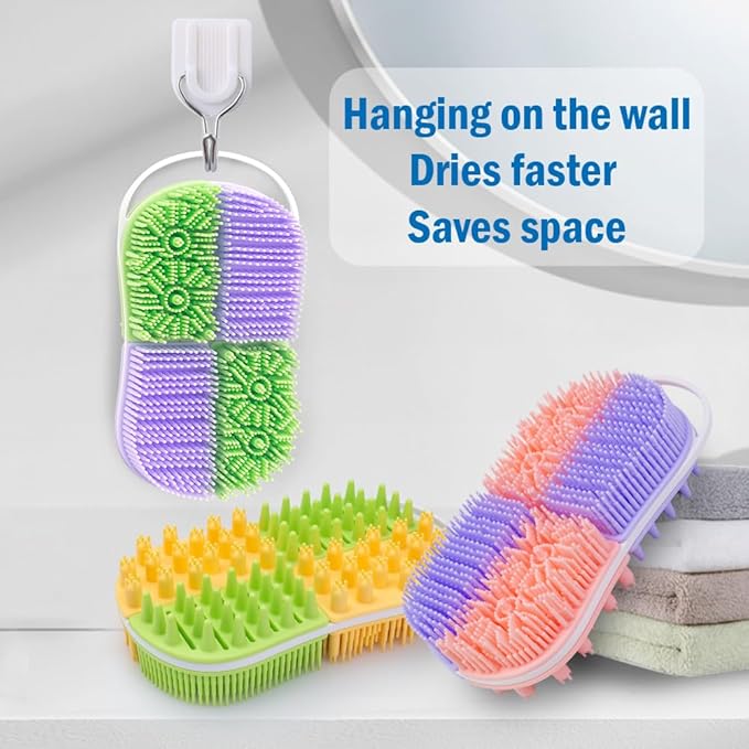 2-in-1 Silicone Body Hair Scrubber Upgraded Bristles Exfoliating Massage Shower Body Scrub Bathing Brush for All Skin No Slip Ergonomic Handle Exfoliator Silicone Loofah Easy Clean (1pc Green+Yellow)