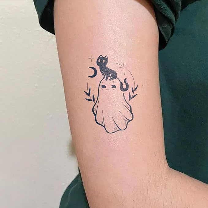 6 Designs Cute Ghost Temporary Tattoos – Halloween Fake Tattoos for Adults, Fun Cartoon Ghost, Cat & Spooky RIP Body Art Tattoo Stickers, Realistic & Long Lasting for 2 Weeks