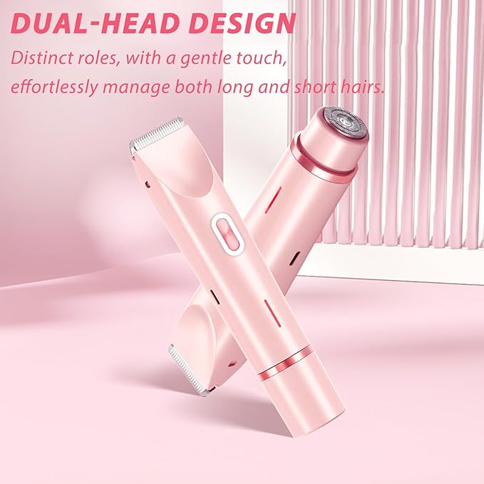 2 in 1 Dual Head Bikini Trimmer Women Electric Shaver,Waterproof Wet & Dry Use Body Hair Trimmer and Facial Hair Remover for Bikini Underarm Leg Arm Body Face (Pink)