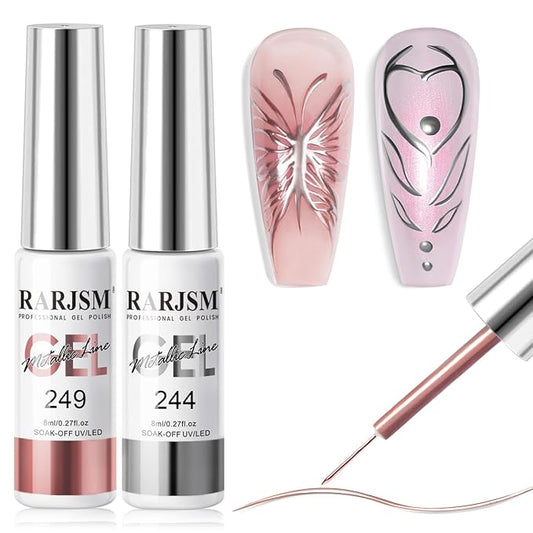 RARJSM Metallic Chrome Gel Liner Nail Art 3D Mirror Silver and Rose Gold Effect Gel Nail Polish 8ml Painting Build in Thin Brush Metal Painted Drawing Striper Gel Polish Curing Requires for Home Salon