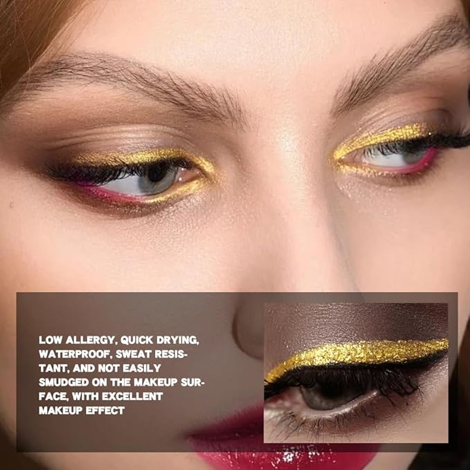 evpct 1Pcs Gold Liquid Eyeliner Makeup, Gold Glitter Metallic Shimmer Colored Eyeliner Liquid Eye Liner Eyeshadow Pencil Face Body Glitter Makeup, Longwear Waterproof, Fake Eyelashe Mascara Accessorie
