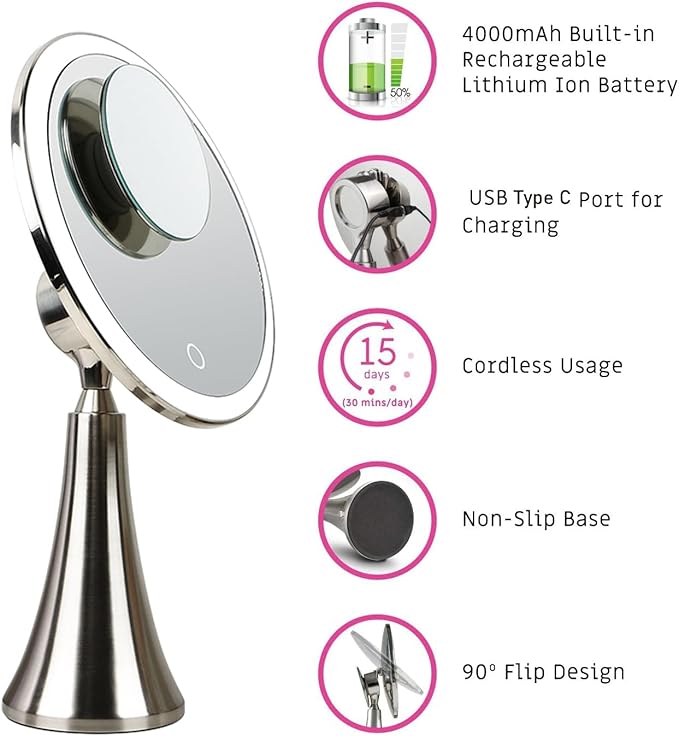 9inch Lighted Round Makeup Vanity Mirror, 5X/10X Dual Magnification with Ultra Bright LED Lights Beauty Mirror, Rechargeable, Cordless, Touch Control Adjustable Brightness, Brushed Stainless Steel