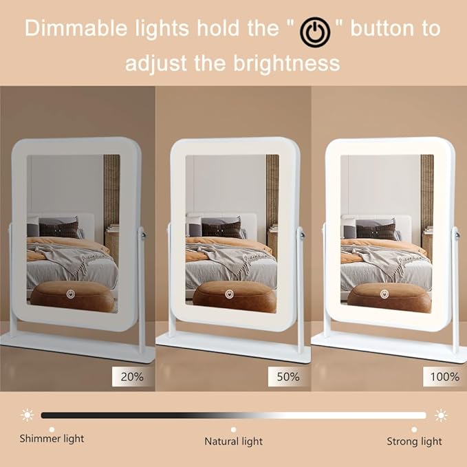 Small Desk Mirror with Lights, Lighted Makeup Mirror with Light, Portable Tabletop Make Up Mirror for Desk, Vanity Mirror with Lights,Smart Touch Control, Dual Power Supply, 360°Rotation