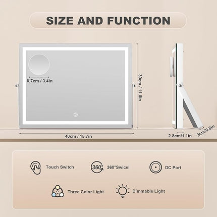 Hasipu Vanity Mirror with Lights, 16" x 12" LED Makeup Mirror with 10X Magnification, Smart Touch 3 Colors Dimmable, Adjustable Brightness, 360° Rotation, White