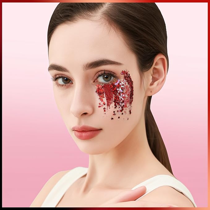Teenitor Face Glitter, Red Body Glitter Gel, Hair Glitter, 6 Shapes Festival Rave Body Makeup Glitters Gel, Chunky Sparkling Glitter for Face, Body and Hair