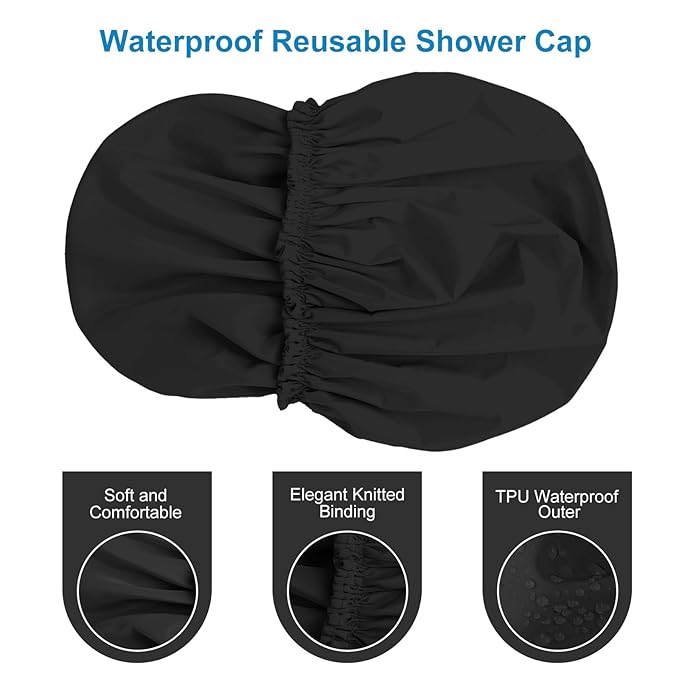 Shower Cap for Women, Double Layer Waterproof Bath Cap, Reusable Hair Protector, Large Waterproof Shower Bonnet Washable Elastic Band Bath Hair Hat for Long Hair, Braids，Black