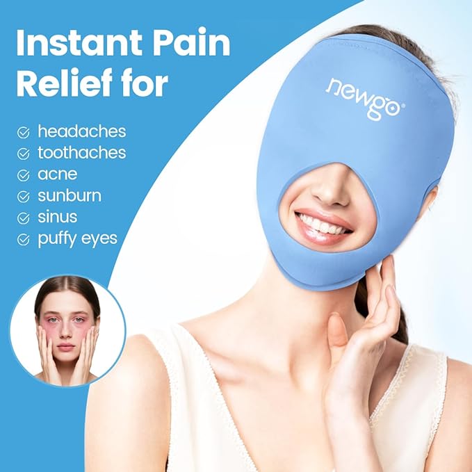 NEWGO Ice Pack Face Ice Mask for Puffy Eyes, Cooling Face Mask Reusable with Thick Gel Pad in Forehead & Eye Zones for Migraines, Post-Surgery, Redness, Allergy Swelling Pain Relief