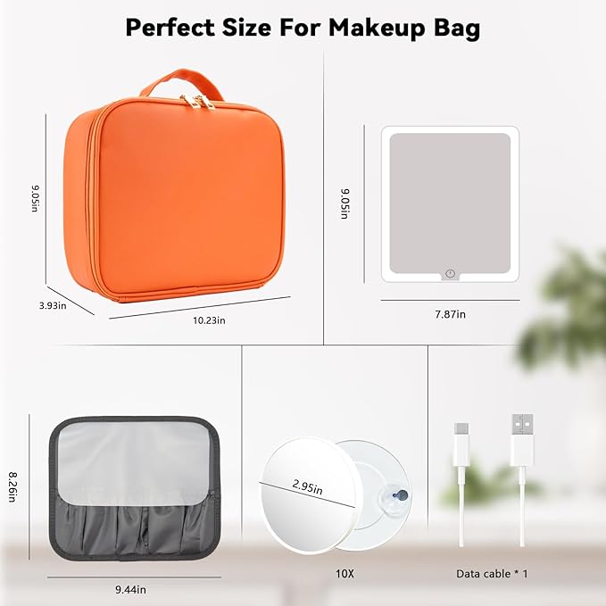 Travel Makeup Bag with LED Mirror and 10x magnifying glass with 3 Lighted Settings, Adjustable Dividers and Makeup Brush Storage Bag Orange