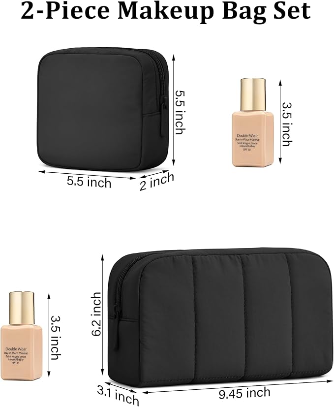 oscaurt 2 Pcs Makeup Bag Travel Toiletry Bag for Women Puffy Padded Cosmetic Pouch Purse Wide-open Makeup Organizer Case Travel Essentials